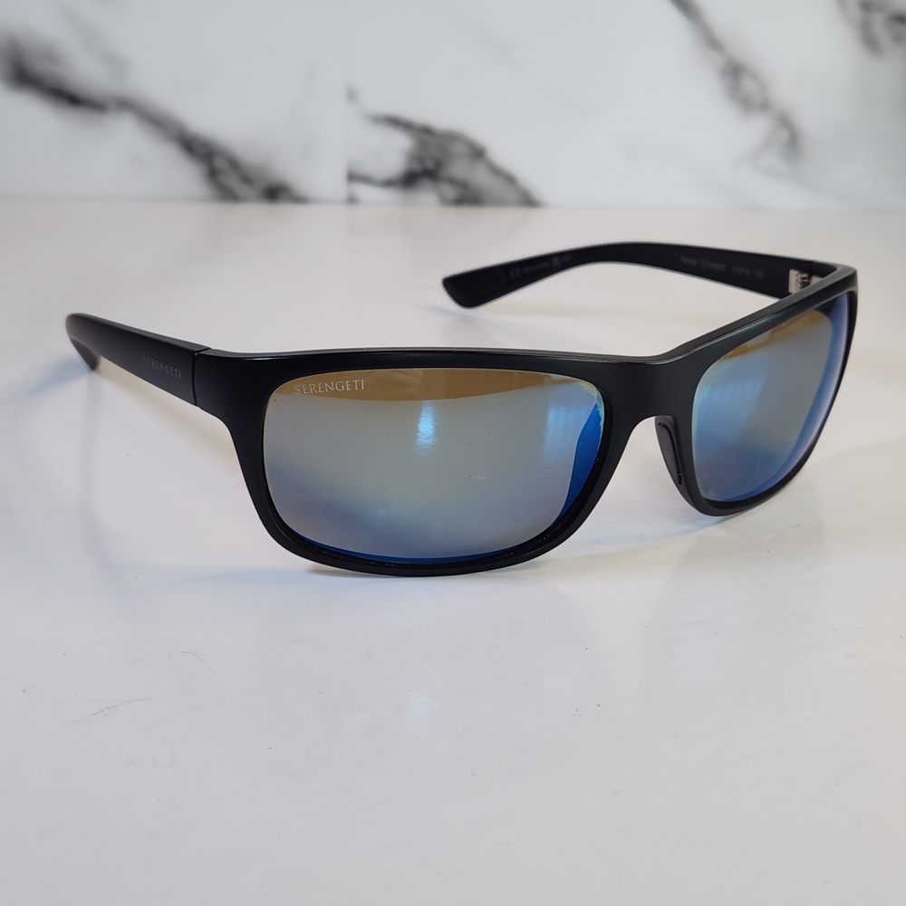 Serengeti Polarized Sunglasses. Pando Black Frame with Blue Mirrored Lenses